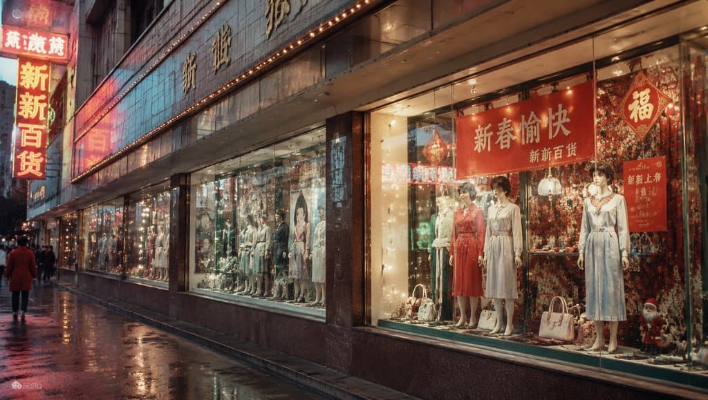 复古百货店橱窗展示，模特穿着年代服饰，霓虹灯与春节装饰，怀旧写实风格