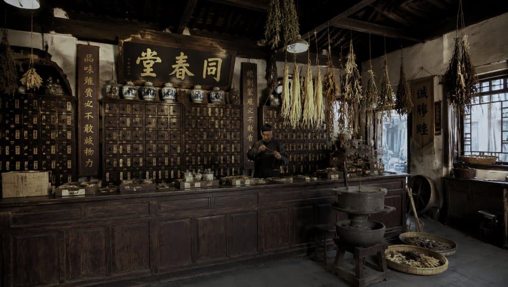 老中医药铺内景，百眼药柜与悬挂药材，写实年代感