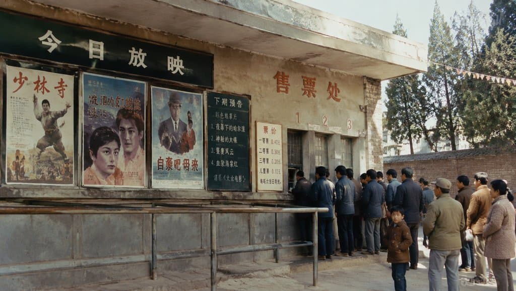 年代电影院售票厅，墙上张贴电影海报，人群排队购票，怀旧写实风格