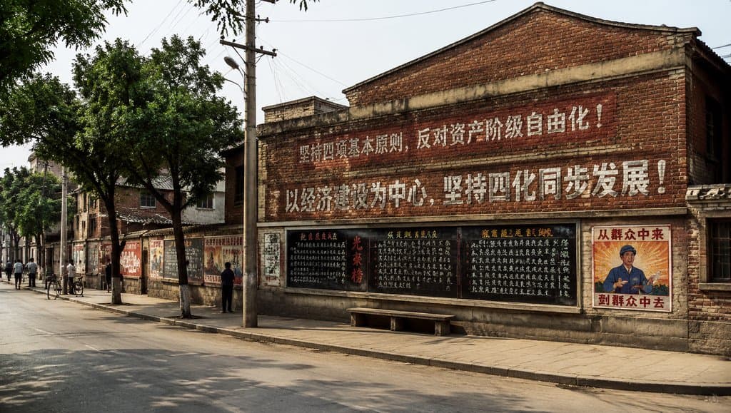 年代感街头标语墙，红砖建筑上写有政治口号，配宣传画与黑板报，电线杆与行人点缀，怀旧写实风格