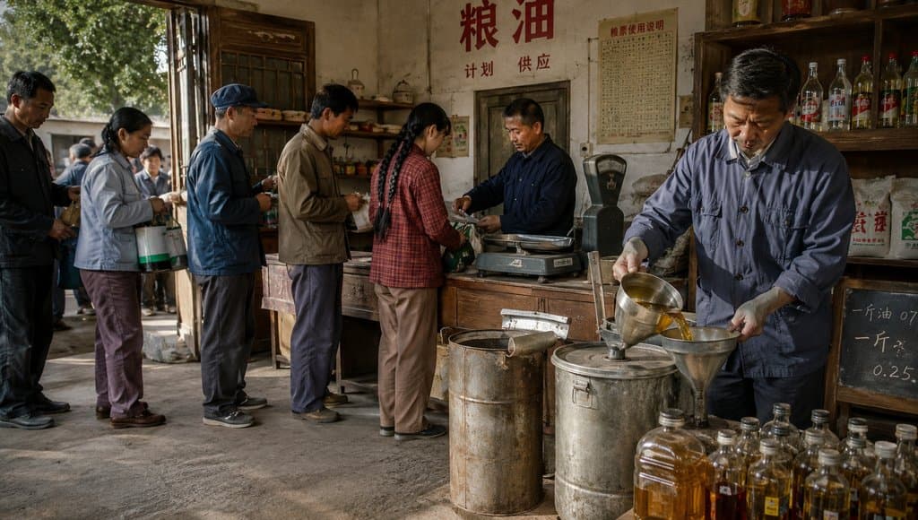老式粮油店中人们排队打油，工作人员用漏斗将油倒入瓶中，怀旧写实风格场景
