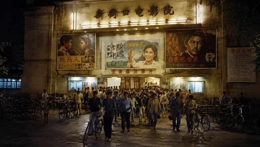 夜晚电影院门口，人群散场，自行车停放，墙上挂满老电影海报，灯光昏黄，怀旧写实风格