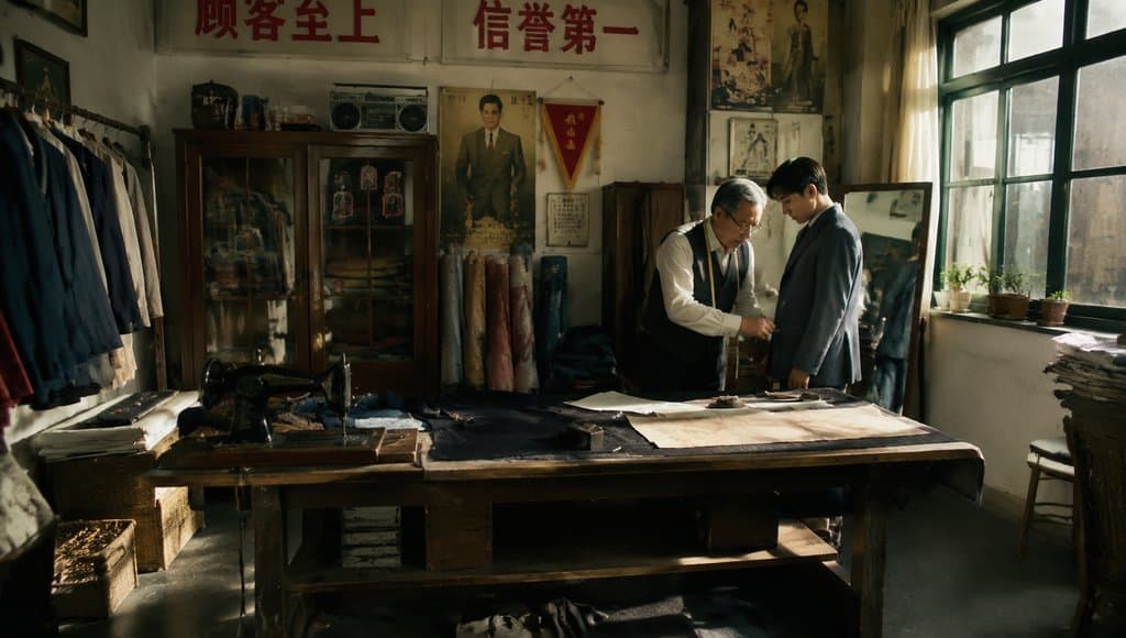 老裁缝为顾客量体裁衣，复古裁缝铺内布料案板、缝纫机与试衣镜，怀旧写实风格
