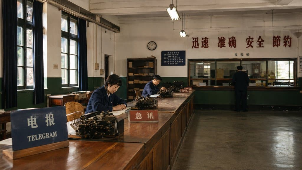 复古电报营业厅内，工作人员使用电报机敲码，木质柜台与老式设备，怀旧写实风格