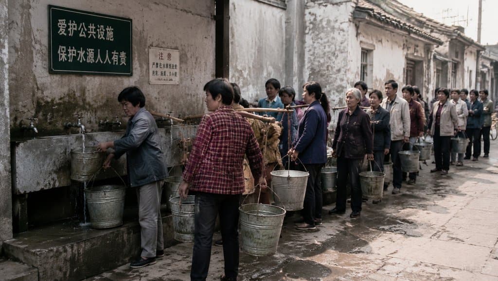 人们在老旧供水站排队挑水，手持水桶和扁担，背景墙有中文标语，怀旧写实风格