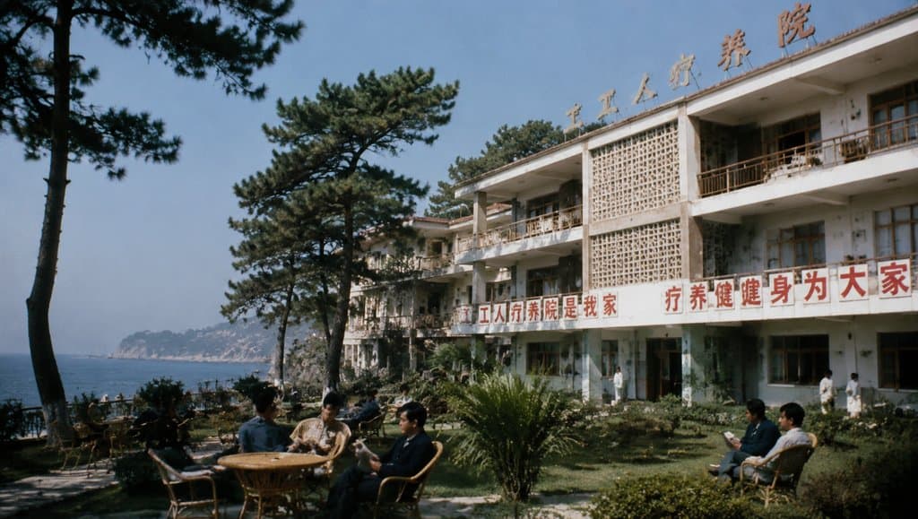 工人疗养院外景，藤椅花园，年代怀旧写实风格建筑与海景