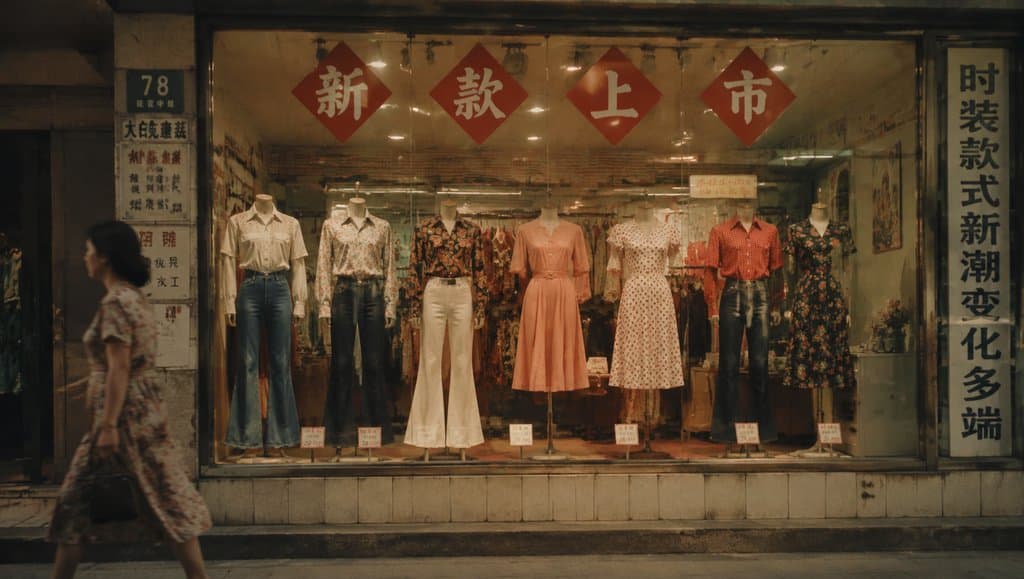复古裁缝店橱窗展示多款年代感成衣，红色菱形标语与价签点缀，怀旧写实风格