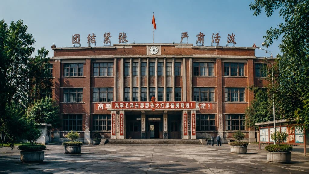 苏式红砖办公楼，立柱对称，屋顶红旗飘扬，标语醒目，年代感怀旧写实风格