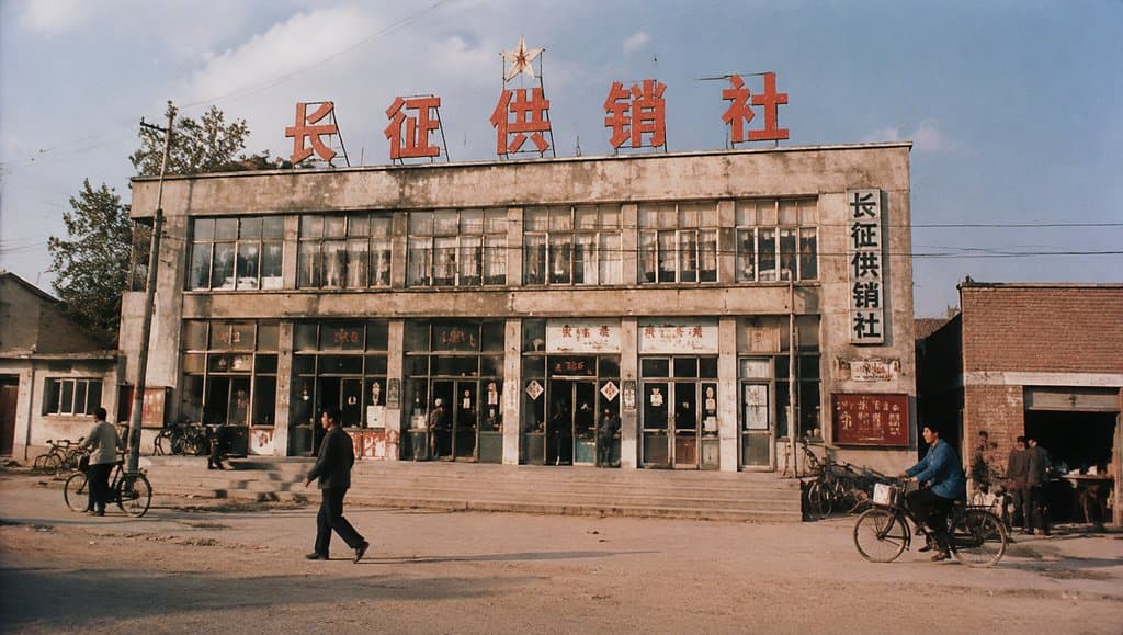 供销社建筑，红色大字招牌，玻璃门窗，台阶入口，年代怀旧写实风格
