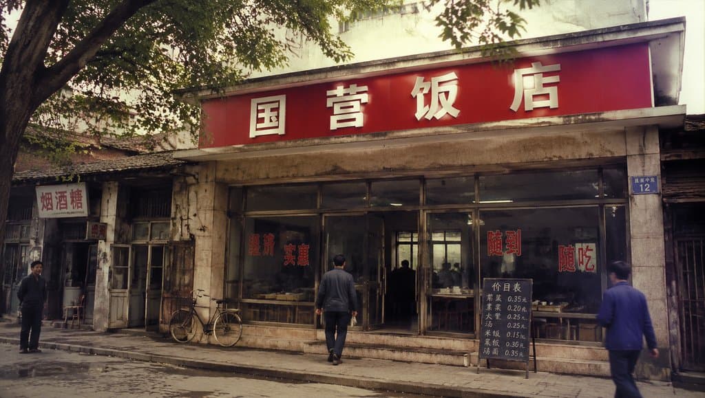 国营饭店门面，红底白字招牌，玻璃门与水牌，年代怀旧写实风格