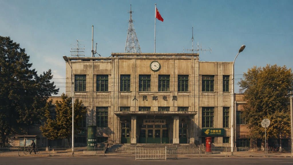复古邮电局大楼，绿门窗、钟表与红旗，怀旧写实风格建筑