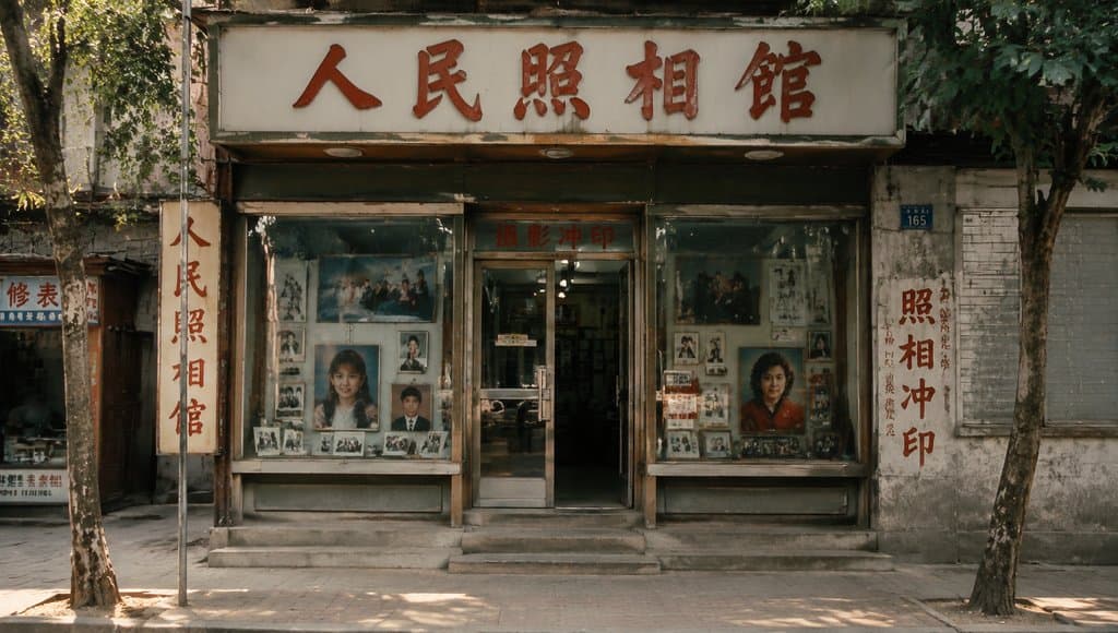人民照相馆门面，复古玻璃橱窗展示老照片，怀旧写实风格建筑