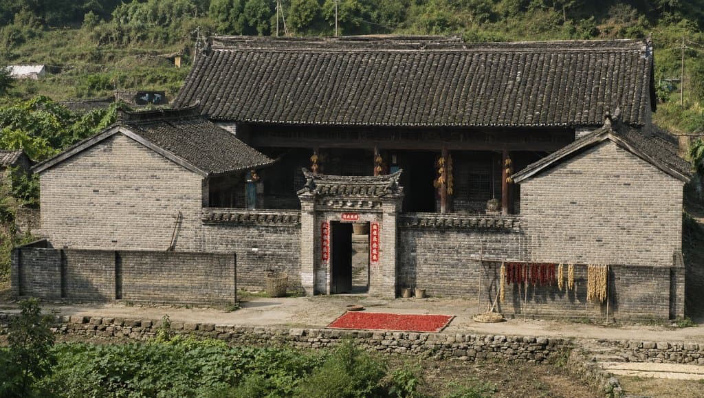 乡村青砖瓦房，灰瓦屋顶，门楼挂红联，门前晒辣椒玉米，怀旧写实风格