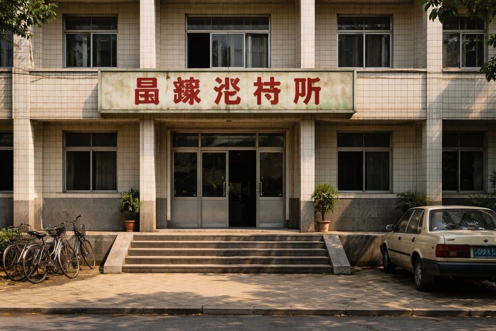 老式招待所建筑外观，对称窗设计，红色店招，门前台阶与自行车，怀旧写实风格