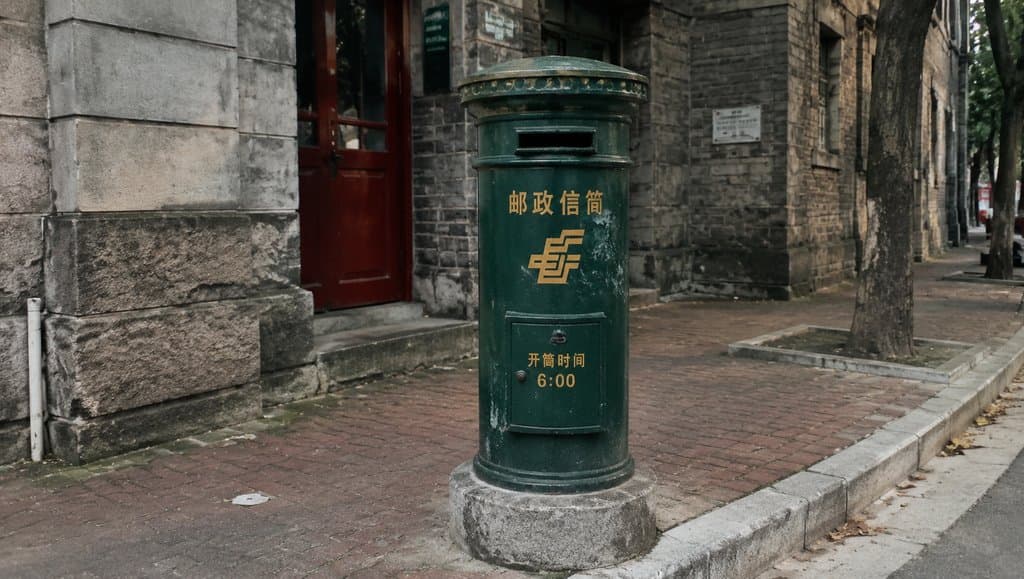 绿色铸铁老式邮筒，漆字标识，置于石砌建筑前，怀旧写实风格