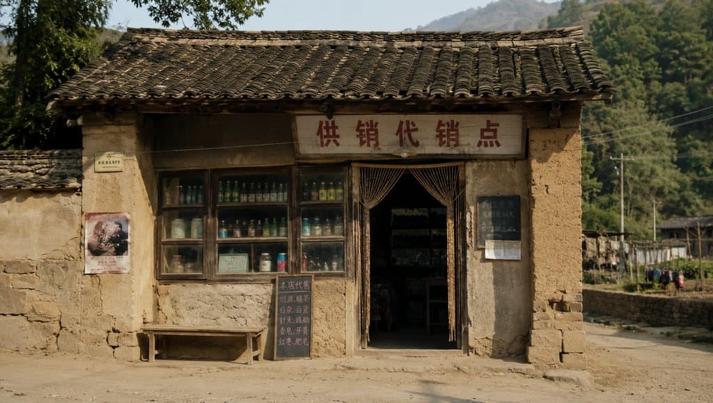 乡村代销店，土墙木门，竹帘门帘，货架陈列商品，怀旧写实风格