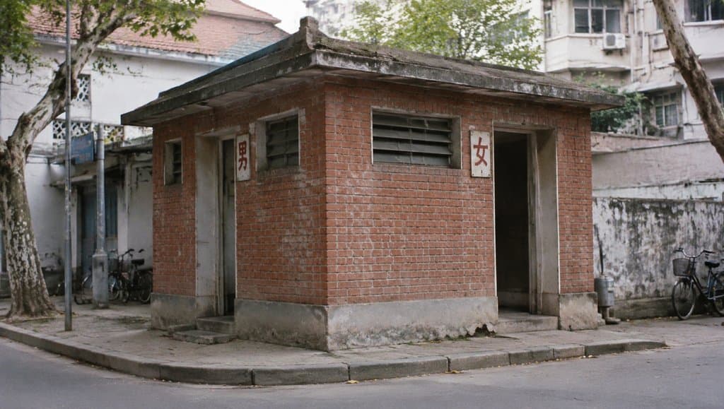 老式红砖公共厕所，男女标识清晰，通风窗设计，怀旧写实风格建筑