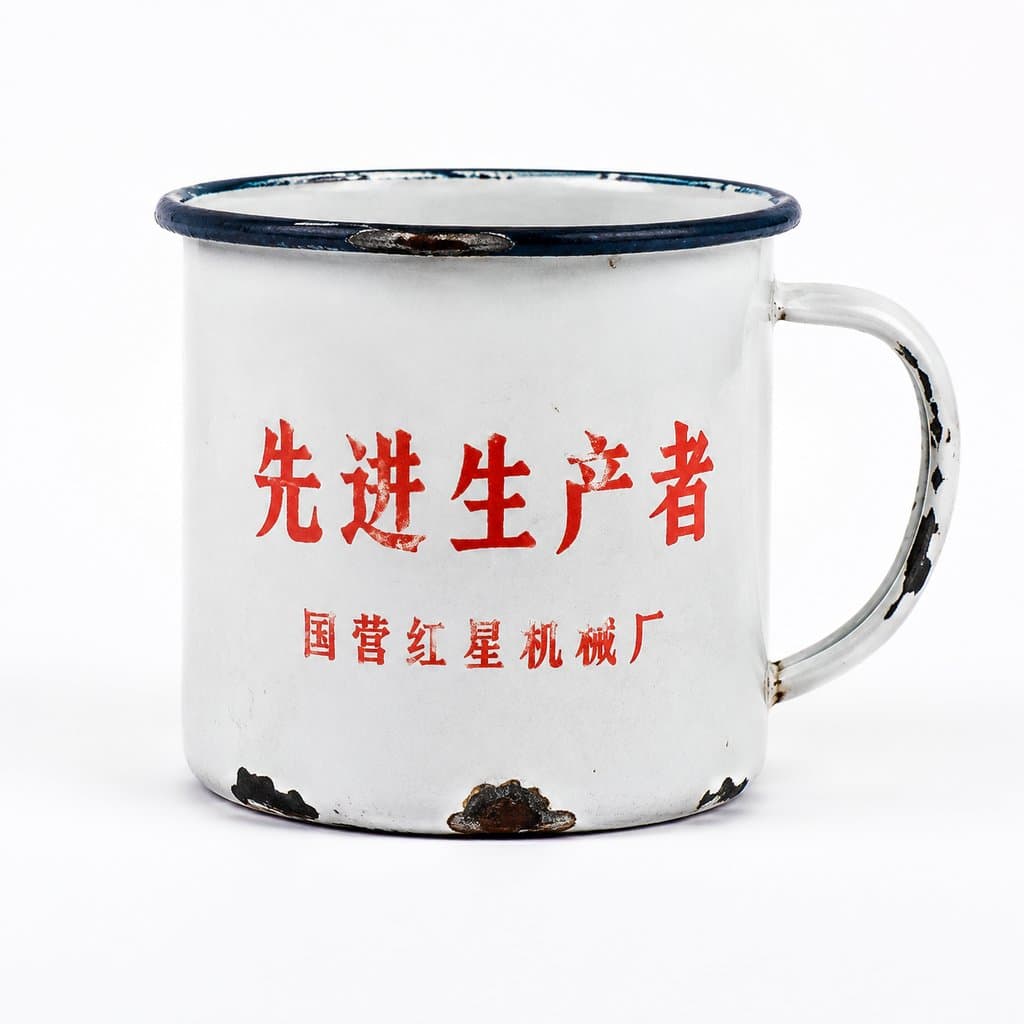 怀旧搪瓷缸，白底红字，掉漆磨损，年代感写实道具
