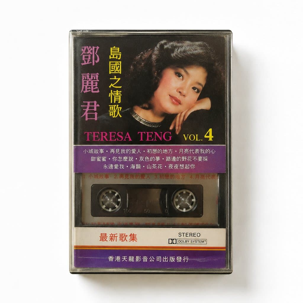 邓丽君岛国之情歌磁带封面，复古彩色标签，写实怀旧风格
