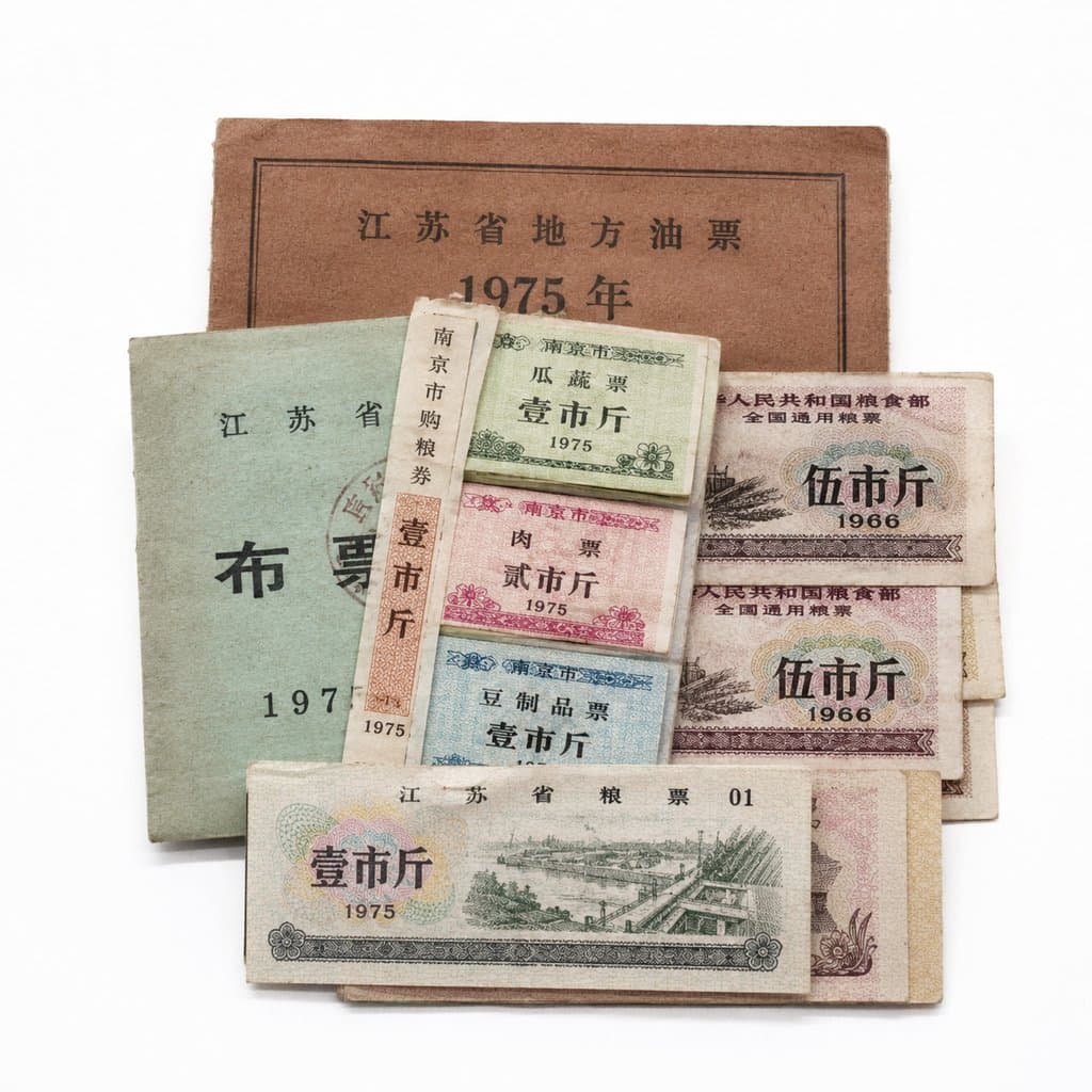 复古粮票布票实物图，1966-1975年，彩印面值图案，怀旧写实风格