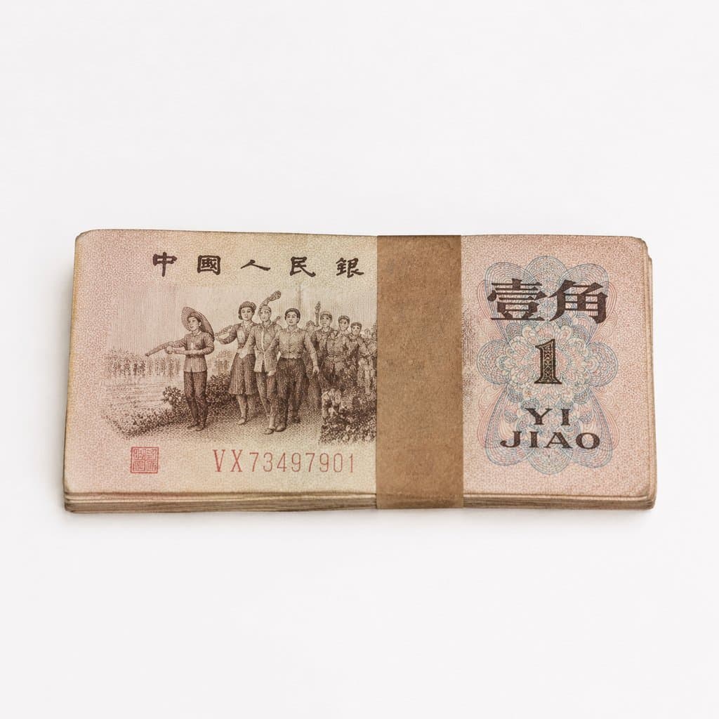 老版一角人民币钞票堆叠，彩印图案与水印细节，怀旧写实风格