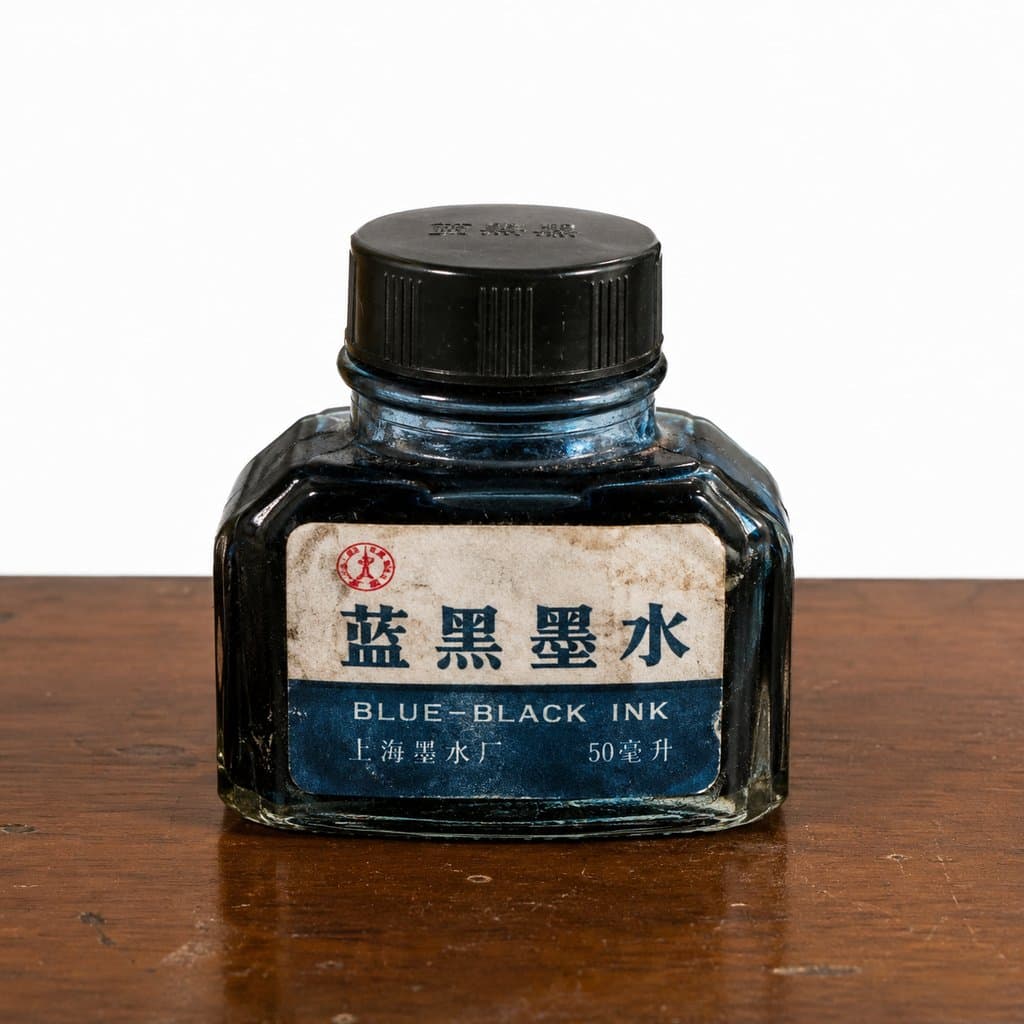 复古蓝黑墨水瓶，玻璃瓶身配纸标签，黑色瓶盖，年代感怀旧写实风格