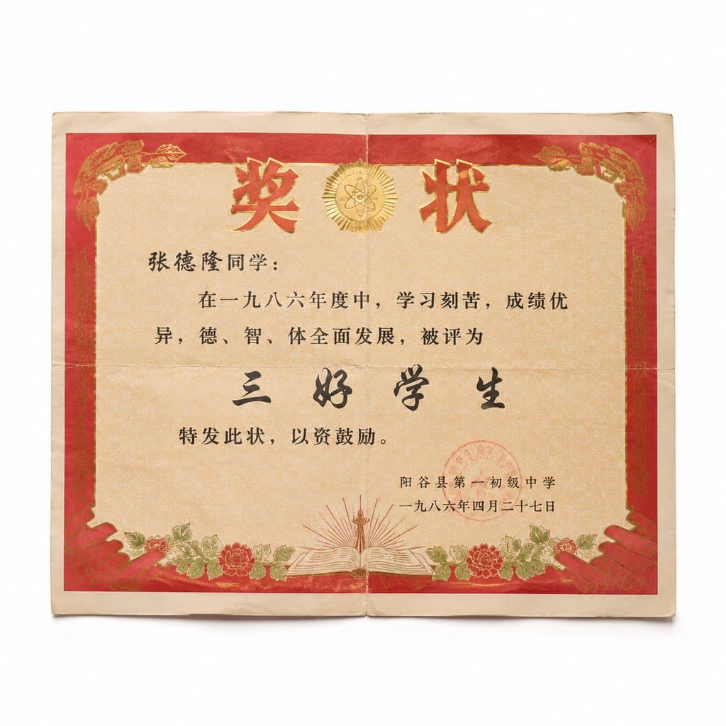 复古三好学生奖状，红框烫金文字，怀旧风格写实道具