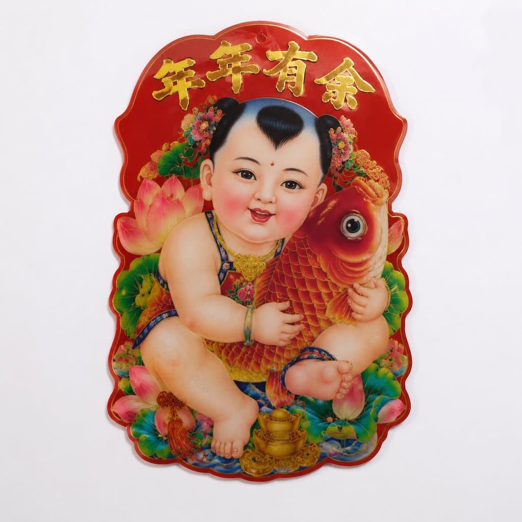 红色年画风格胖娃娃抱着金鱼，背景莲花与金元宝，传统吉祥图案