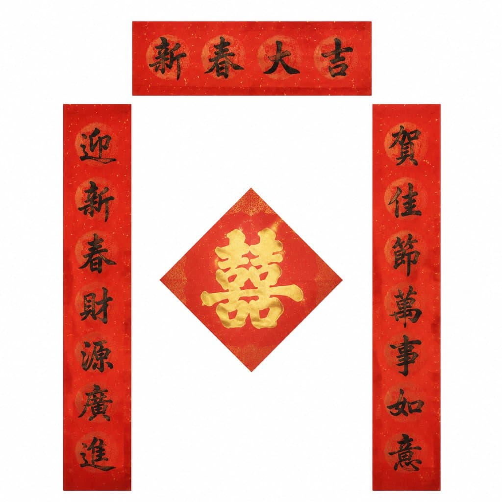 红色春联配烫金双喜字，传统春节装饰，写实风格