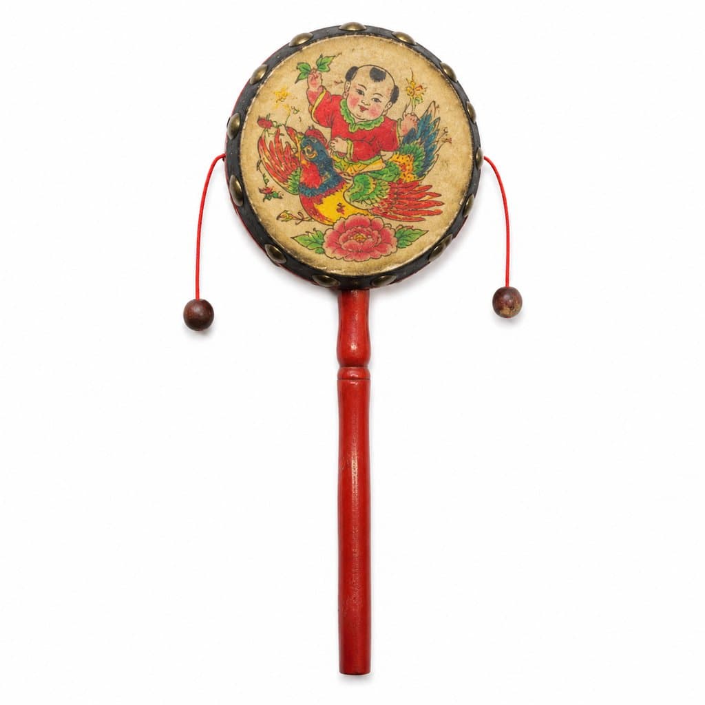红色手柄拨浪鼓，彩绘童子骑凤图案，双耳木珠，复古怀旧风格