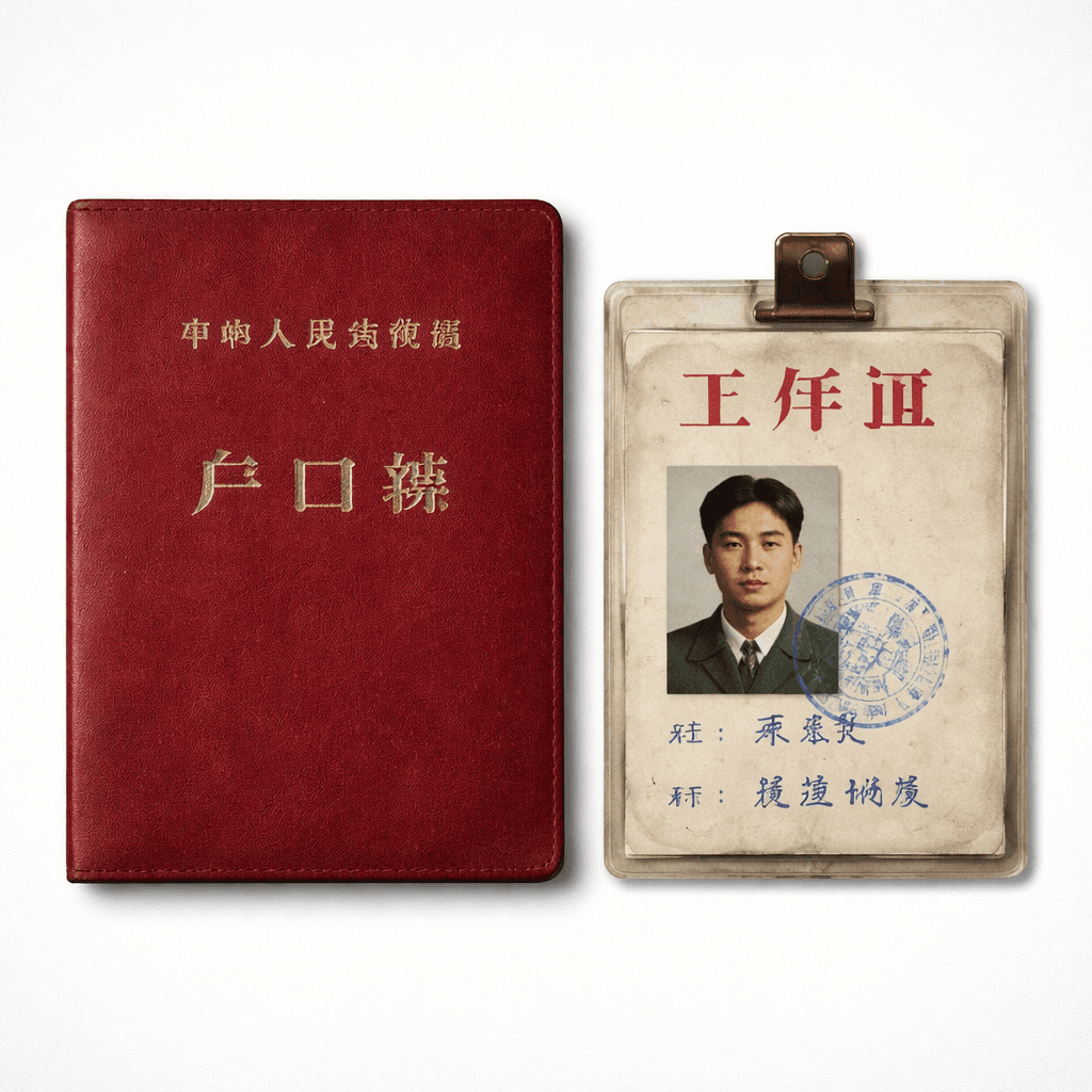 红色户口本与复古工作证，烫金文字与钢印，怀旧写实风格