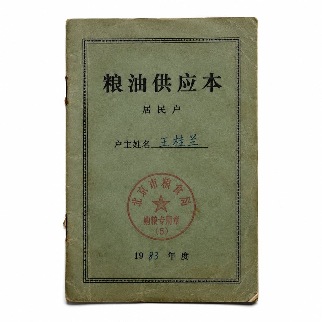 1983年北京粮油供应本封面，绿色封皮，红色公章，怀旧写实风格