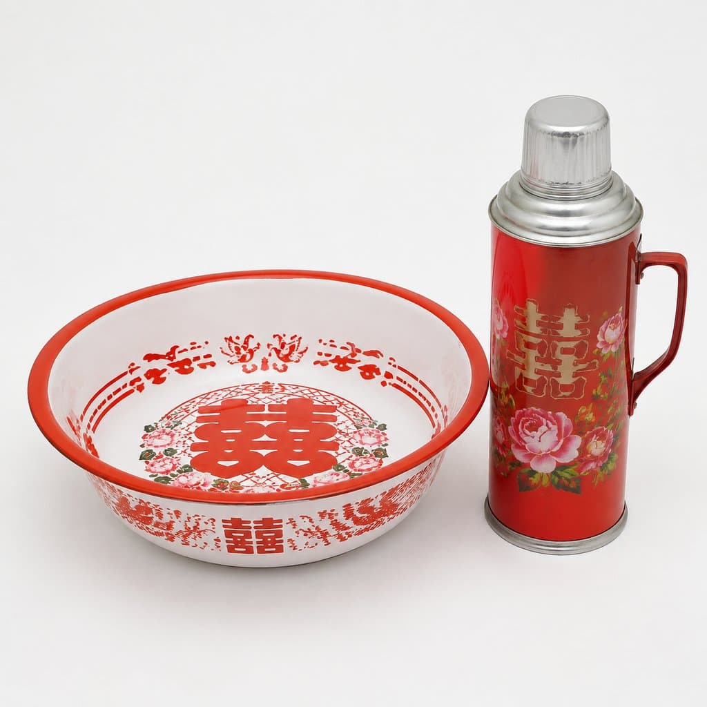 红色搪瓷喜盆与暖瓶，饰有双喜字和花卉图案，怀旧婚嫁道具