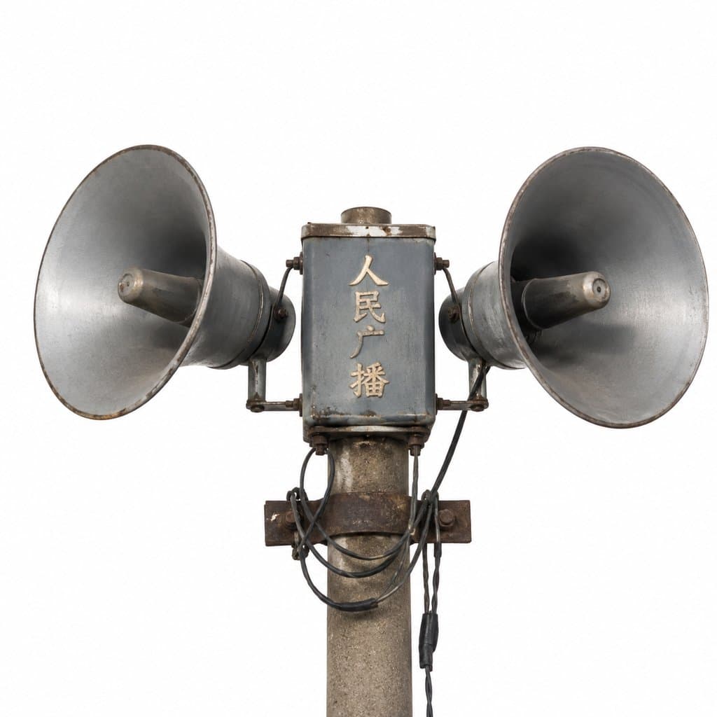 复古铁皮广播喇叭，双扬声器对称设计，中央标有'人民广播'字样，怀旧写实风格