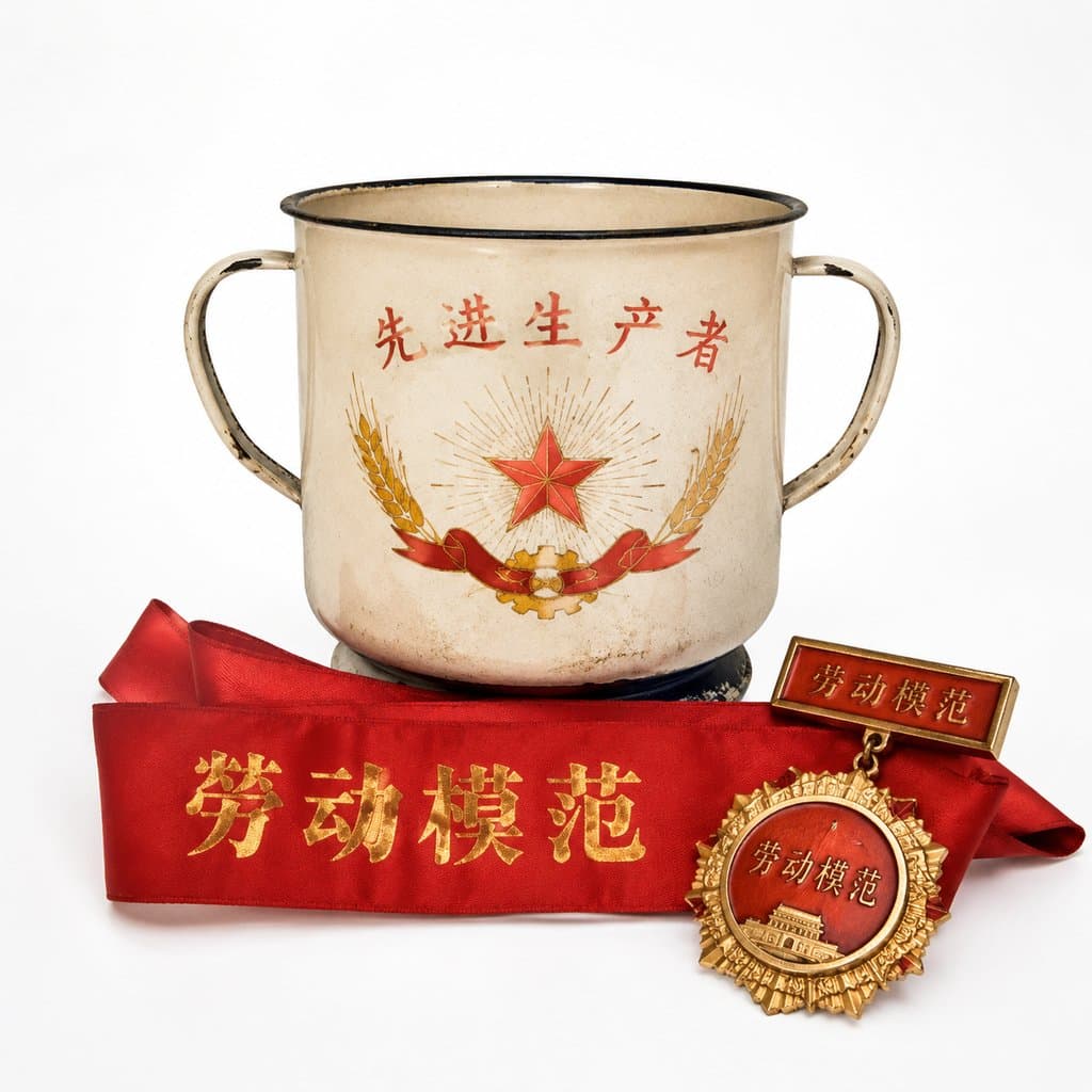 搪瓷奖杯与劳动模范奖章，红绸绶带，复古怀旧风格