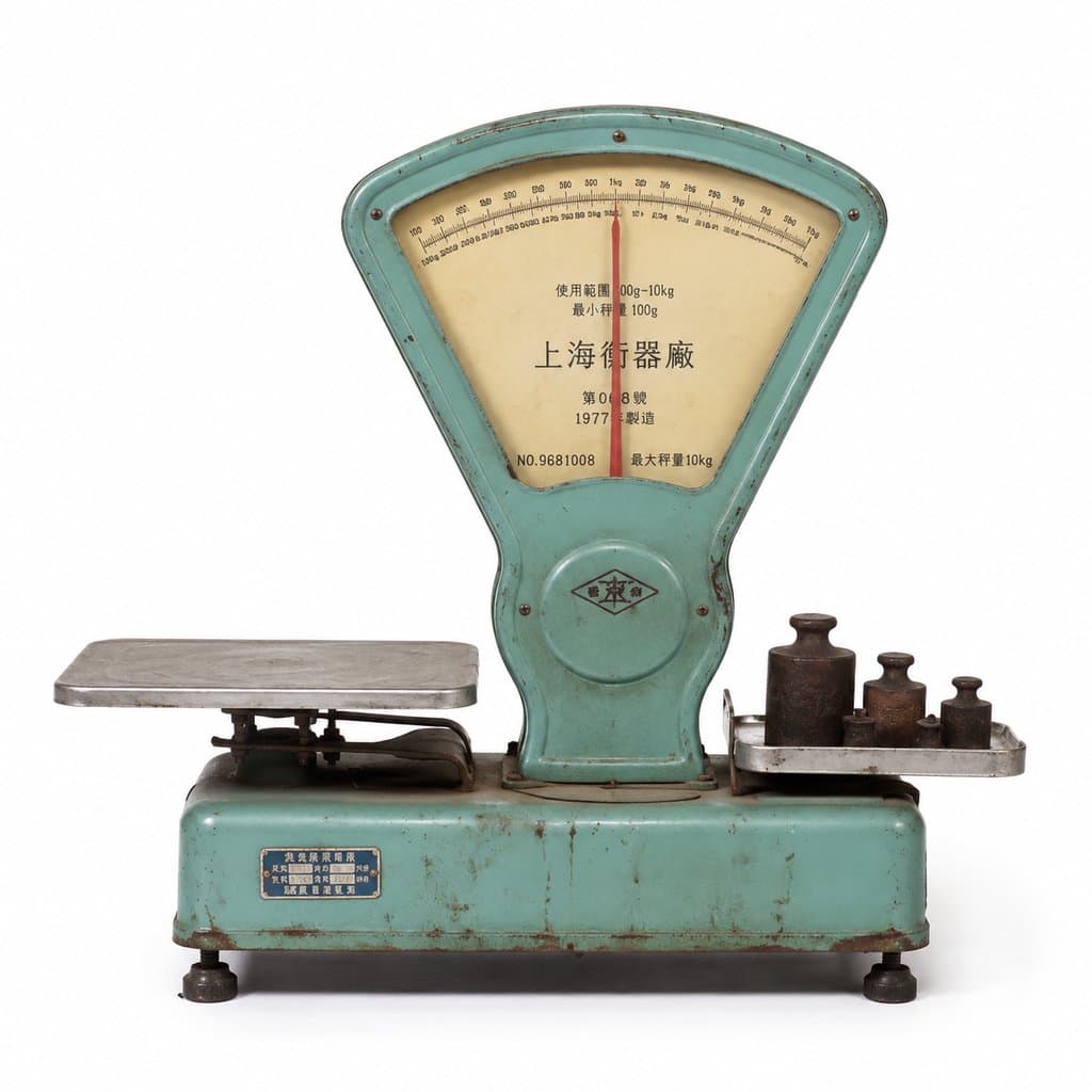 复古绿色柜台秤，带指针刻度盘和金属砝码，上海衡器厂1977年制造，怀旧写实风格