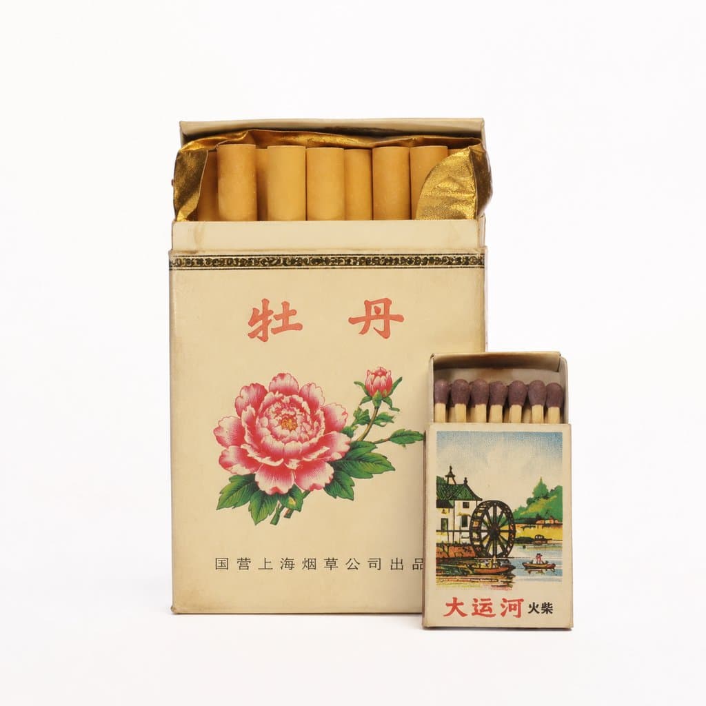 复古烟盒与火柴盒，牡丹图案与大运河插画，年代感写实道具