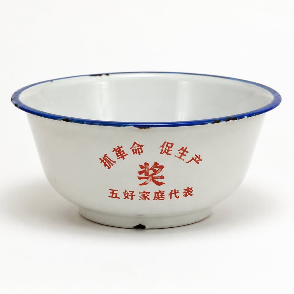 白底蓝边搪瓷饭碗，印有红色标语，掉瓷细节，怀旧写实风格