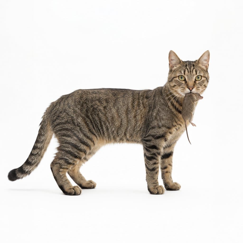 狸花猫叼着老鼠，虎斑纹毛色，写实风格，白色背景