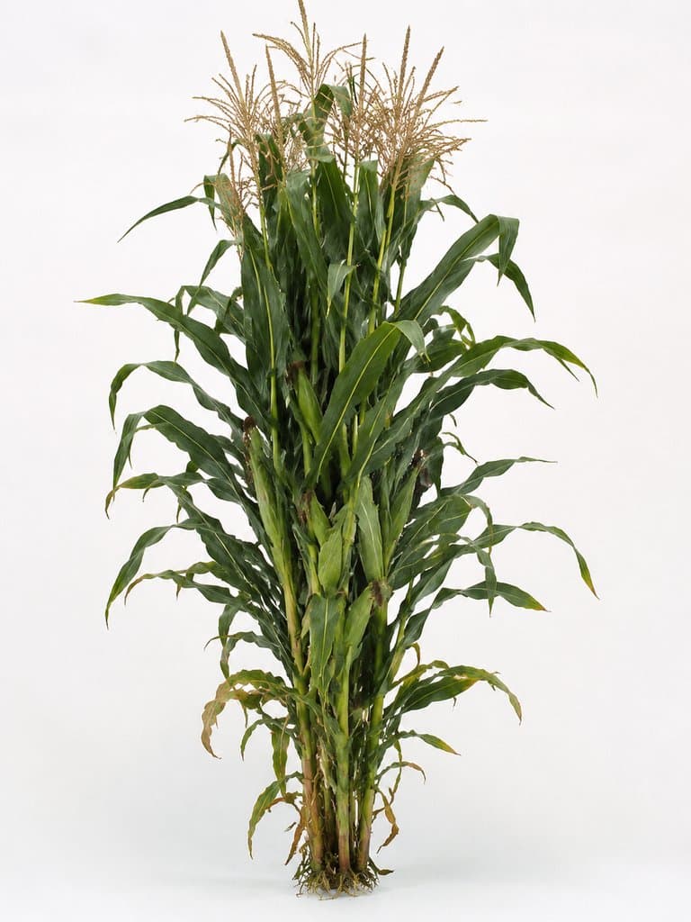青绿高秆玉米植株，宽叶茂盛，顶端金黄花穗，写实风格3D参考图