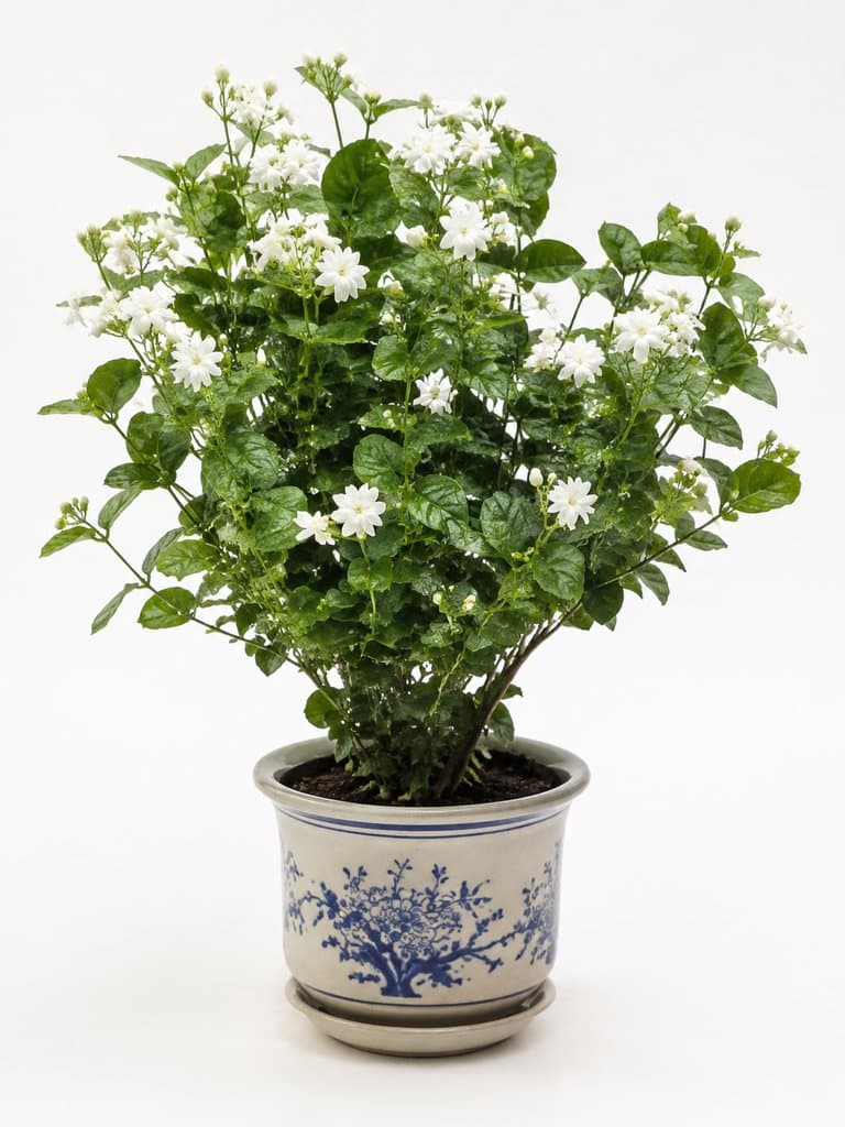 茉莉盆栽，白色花朵盛开，油绿叶片茂盛，置于蓝白花纹陶瓷盆中，写实风格