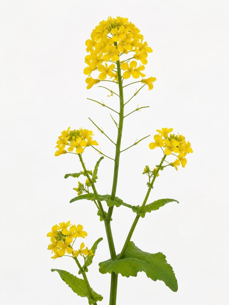 金黄色油菜花簇生于绿茎之上，春日写实风格植物图