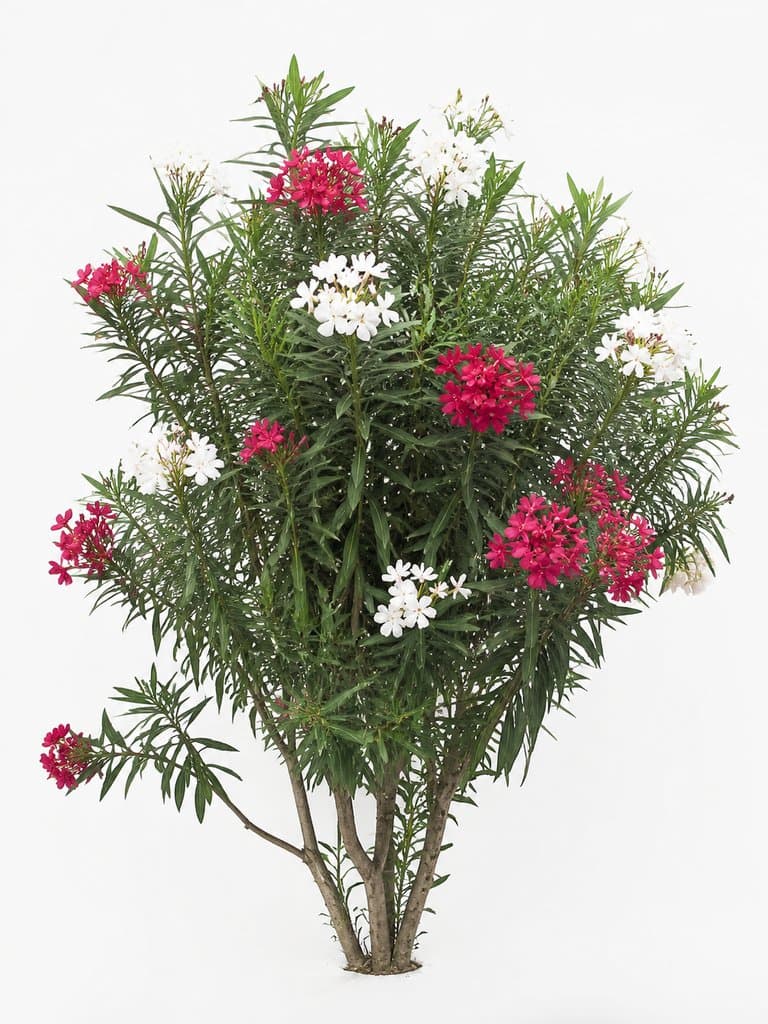夹竹桃红白花丛，细长绿叶，写实风格植物3D参考图