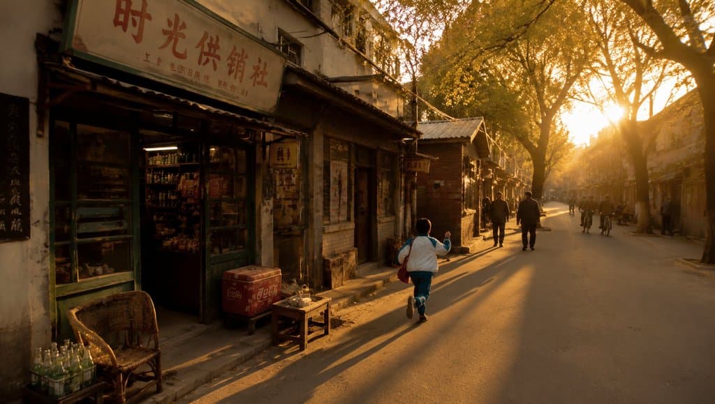 夕阳斜照下的老街，暖光镀金，长影斑驳，怀旧写实风格