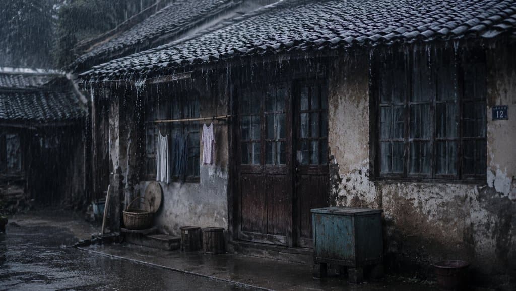雨中老屋，瓦檐滴水，衣物悬挂，怀旧写实风格
