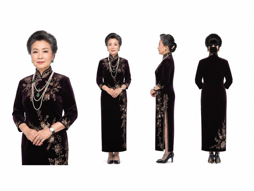 豪门老夫人身穿华贵旗袍，佩戴珍珠翡翠，雍容典雅，写实风格