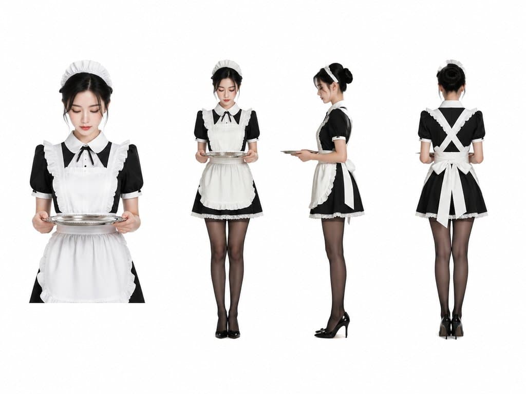身穿黑白女仆制服的女性，手持托盘，恭谨姿态，写实风格