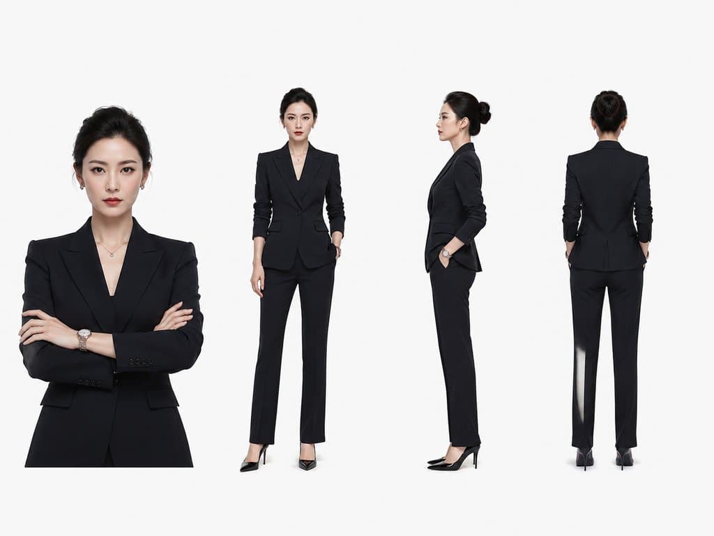 集团女总裁身穿黑色利落套装，佩戴名表，展现强势气质的写实角色图