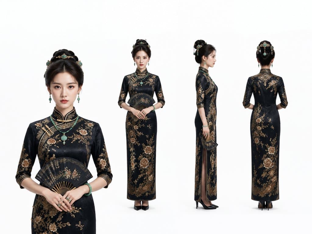 身穿华贵黑色刺绣旗袍的少女，手持折扇，古典优雅，AI生成写实风格角色