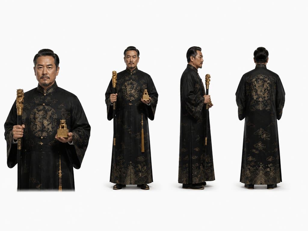 身穿黑色唐装的豪门族长手持权杖与印章，正面、侧面、背面多角度展示，写实风格